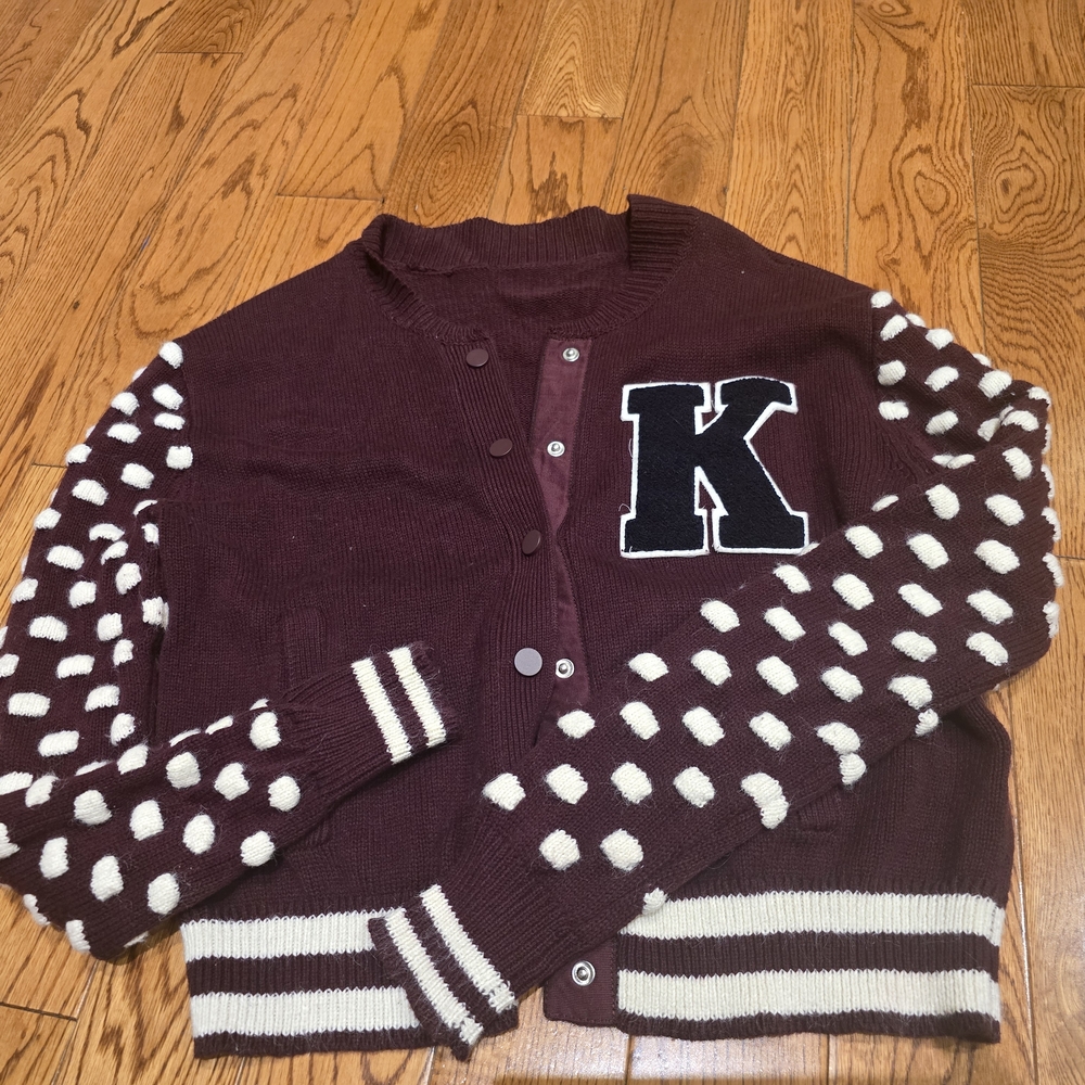 Keds Burgundy Cardigan with White Polka Dot Sleeves